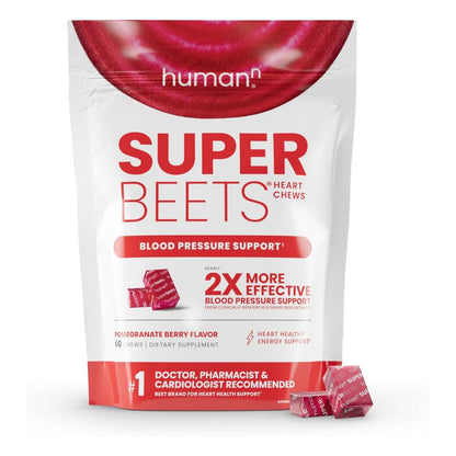 Humann SuperBeets Heart Chews, Nitric Oxide and Blood Pressure Support, Grape Seed Extract & Non-GMO Beet Root Powder Energy Supplement, Pomegranate Berry Flavor, 60 Count
