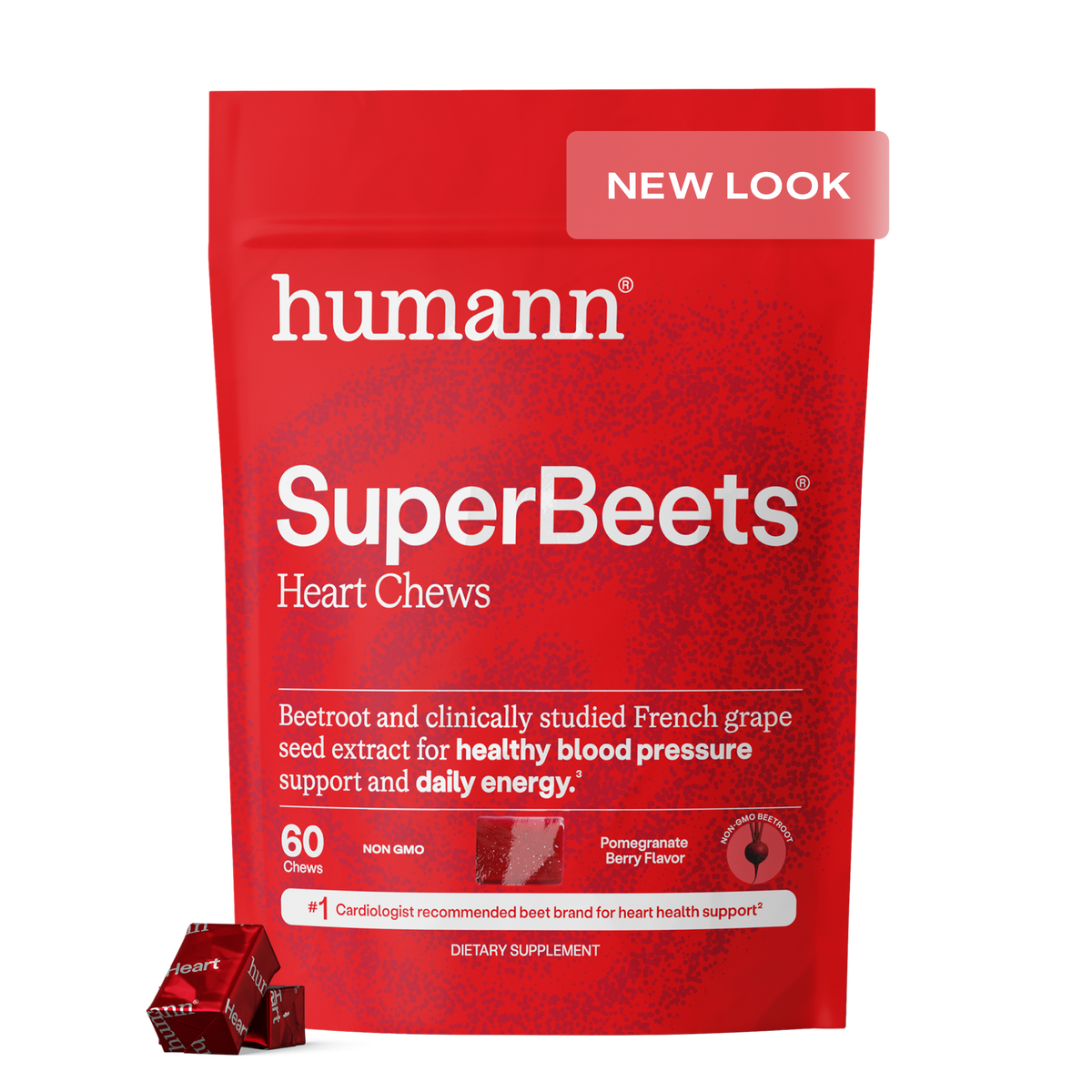 Humann SuperBeets Heart Chews, Nitric Oxide and Blood Pressure Support, Grape Seed Extract & Non-GMO Beet Root Powder Energy Supplement, Pomegranate Berry Flavor, 60 Count