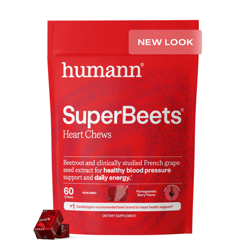 Humann SuperBeets Heart Chews, Nitric Oxide and Blood Pressure Support, Grape Seed Extract & Non-GMO Beet Root Powder Energy Supplement, Pomegranate Berry Flavor, 60 Count